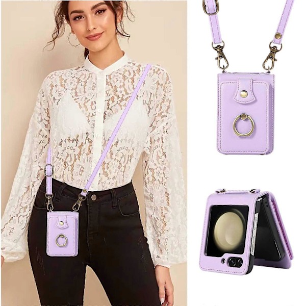 Crossbody-plånboksfodral för Samsung Galaxy Z Flip 6, axelrem, ringstativ, RFID-kortficka, läderfodral Purple For Galaxy Z Flip 6
