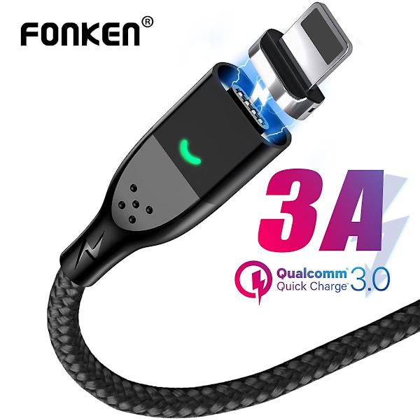 FONKEN 3A Rask Ladingledning Magnetisk Laderkabel For iPhone Magnet Telefonkabler Hurtig Lading Nylonledning Datasynkroniseringskabel