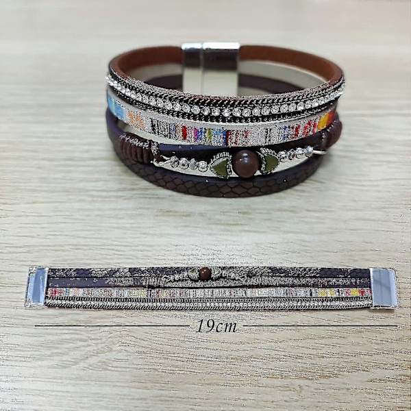 Hjärta Läder Magnetlås Handgjort Boho Bohemiskt Omlottarmband Armring Multilager Kristall Gåvor Armband För Kvinnor (C)