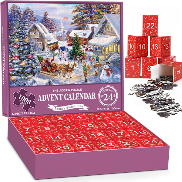 Adventskalender 2024 Pussel - Rent 1008-delars Familjepussel 24-lådor Julnedräkning & Heminredningspussel