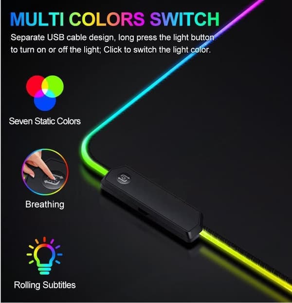 RGB Gaming Musematte 80x30cm Vanntett Sklisikker 14 Lysmoduser[C]