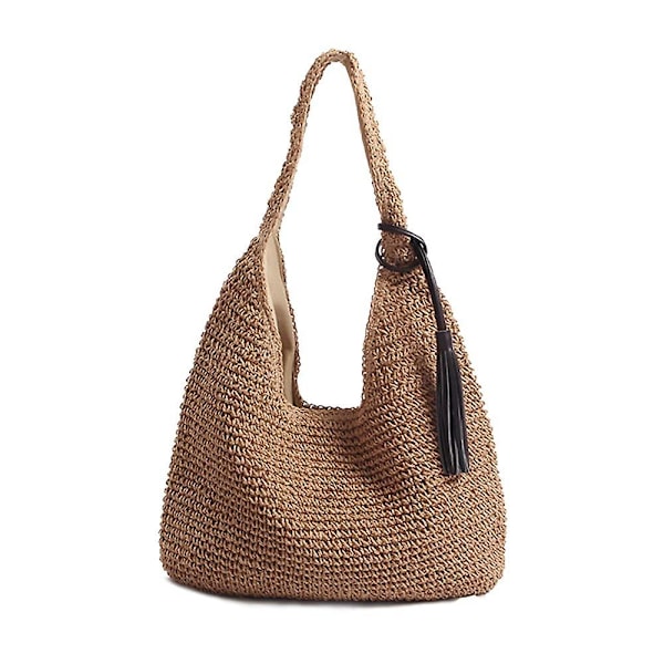 Håndvævet Blød Stor Halm Skuldertaske med Sorte Kvaster Boho Halm Håndtag Tote Retro Sommer