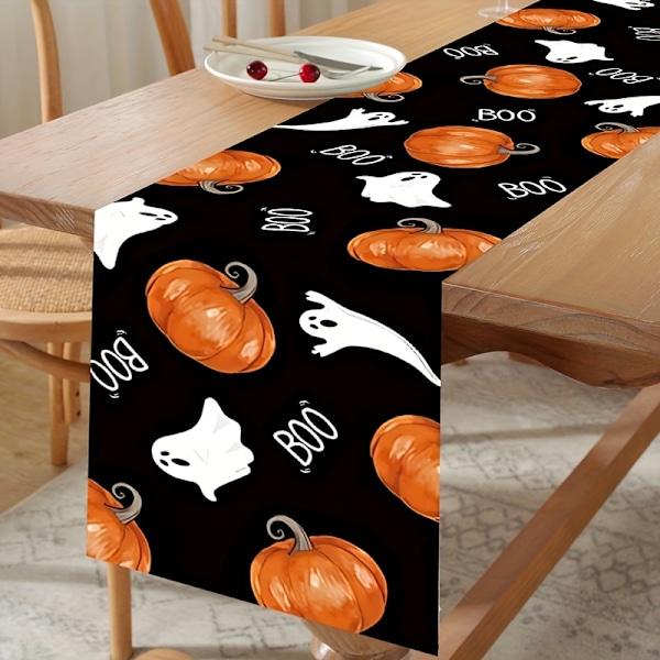 1 stk Maskinlaget Halloween Polyester Bordløper - Skummel Gresskar og Spøkelsesdesign, 180cm x 35cm Festlig Dekor for Alle Anledninger