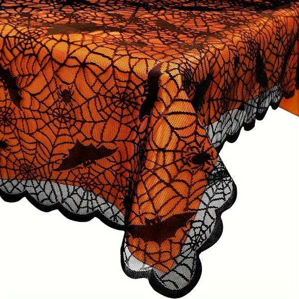 Halloween-Duk 1-Pack, Rektangulär Svart Spets Polyester, Spindelnätsdesign för Spöklikt Matbord, Maskintvättbar, Mångsidig Användning, 60\"