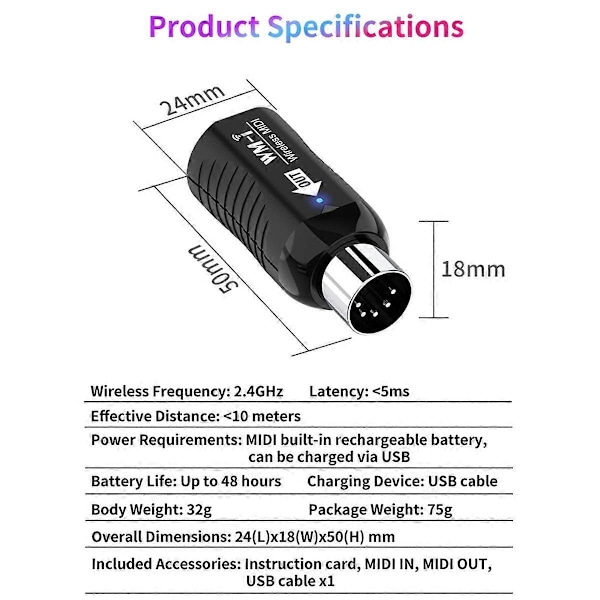 Laddningsbar Trådlös Gitarr System Audiomottagare Sändare Trådlös Midi Adapter för Digit Black