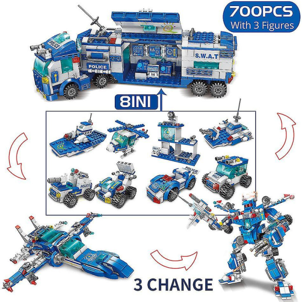 700 st 8 i 1 stad poliskommando lastbil byggklossar polis robot bil helikopter modell tegelstenar leksak present till barn