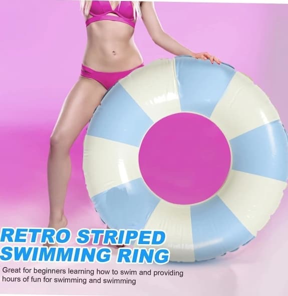 Oppustelig voksen pool flyder retro stribet PVC blå[C]