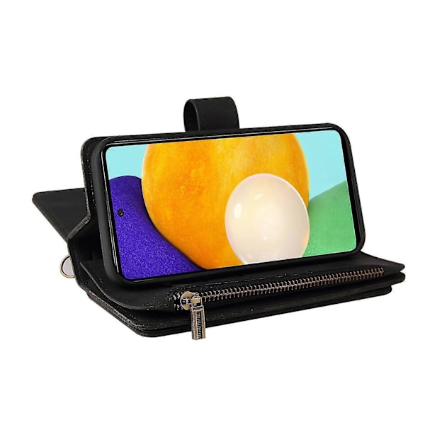 WXH Kompatibel med Samsung Galaxy A52 5G/A52S PU Læder Magnetisk Lukning Femten Kortlommer Lynlås Lomme Telefonetui Black