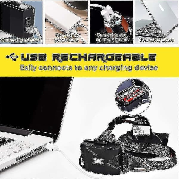 Ladattava LED-otsalamppu taskulamppu + USB-kaapeli 2 paristoa