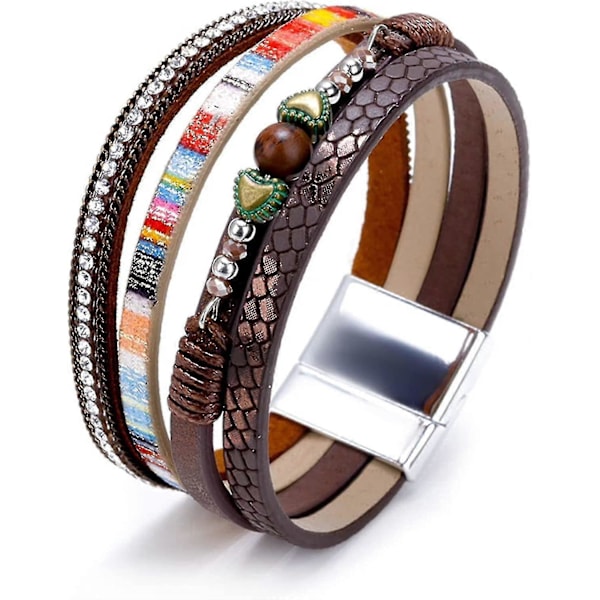 Hjärta Läder Magnetlås Handgjort Boho Bohemiskt Omlottarmband Armring Multilager Kristall Gåvor Armband För Kvinnor (C)
