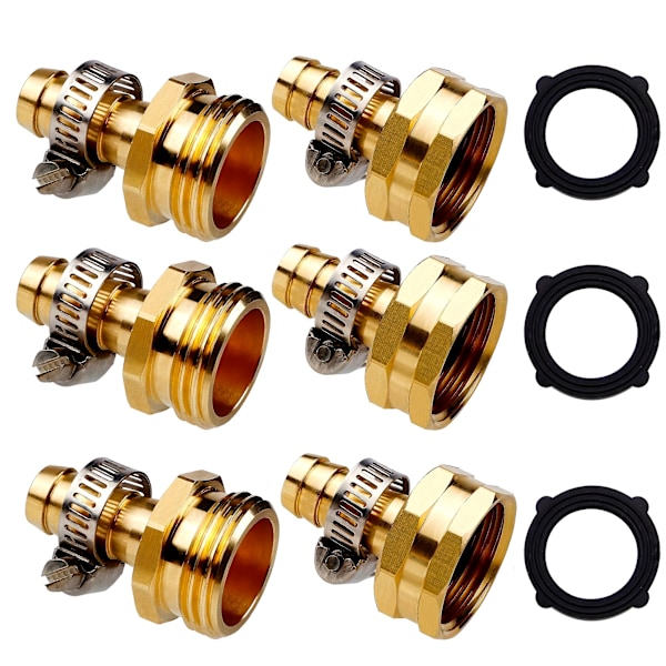 3-pak Premium Messing Havevandsslange Reparationsfittings med Heavy-Duty Rustfrit Stål Klemmer - Holdbar 1/2\" Hun-Gevind 1.18in/3cm og 3/4\" Han-Gevind