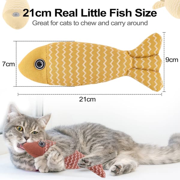 Kattleksaksset - 3-pack grå röda gula fiskformade kattmyntleksaker