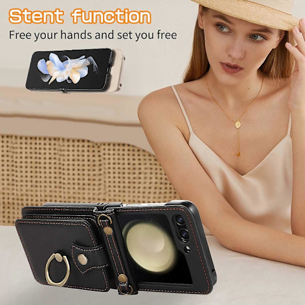 Crossbody Wallet Case til Samsung Galaxy Z Flip 6, Skulderrem Ring Stativ RFID Kreditkort Holder Læderetui Beige For Galaxy Z Flip 6