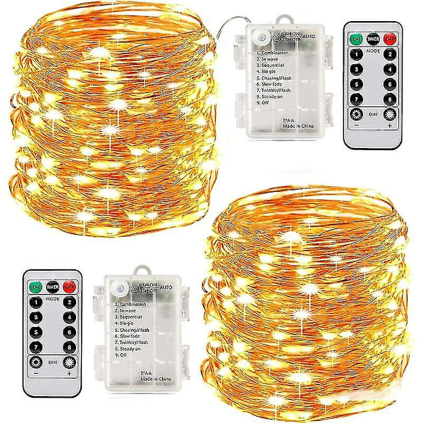 2 x 10m Batteridrivna LED-ljusslingor 100 LED-lampor Timerfunktion Med Fjärrkontroll IP65 Vattentät Inomhus- och Utomhusdekoration För Jul Bröllop