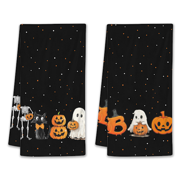 2-pack Halloween Handdukar - Supersoft Polyester, Högabsorberande Dekorativa Handdukar för Kök & Badrum med Roliga Skalle, Katt, Pumpa & Mönster, 18x26