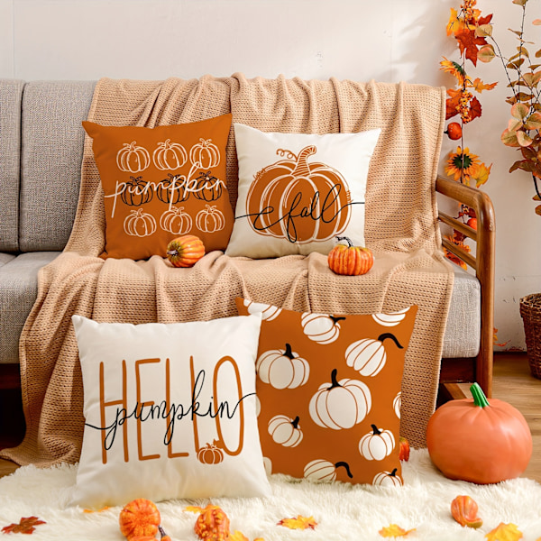 4 stk Høst-tema Hello Pumpkin Putesett - 18 x 18 tommer Høyst Orange Hvit Dekorativ Putetrekk for Thanksgiving Harvest Farmhouse Hjem Co