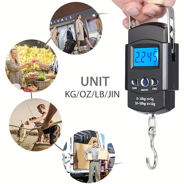 Portabel Digital Bagagevåg med Bakgrundsbelyst LCD-Skärm - 110lb/50kg Kapacitet, Perfekt för Resor & Fiske, Inkluderar Mätband