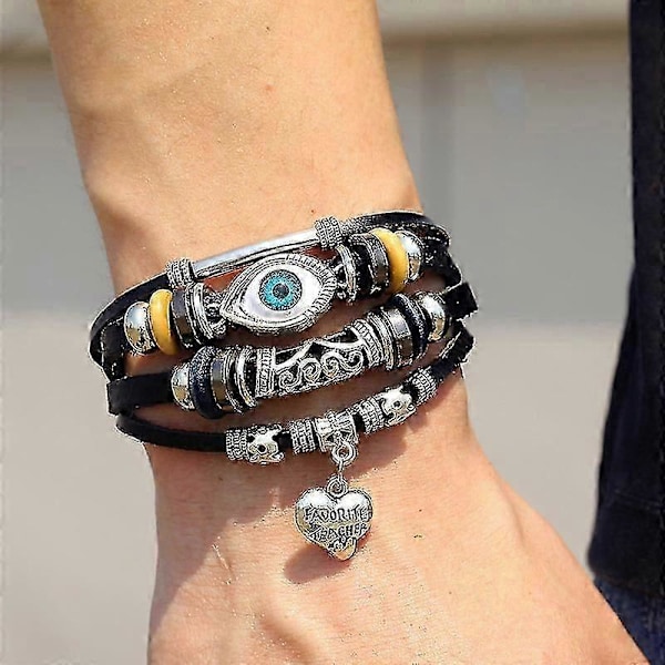 Män Kvinnor Multi-lager Onda Ögat Läderarmband Flätat Pärlarmband Armring (C)