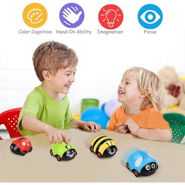 Set med 4 Uppdragbara Bilar, Baby Friktions-Dragbilar, Leksakssats för Barn