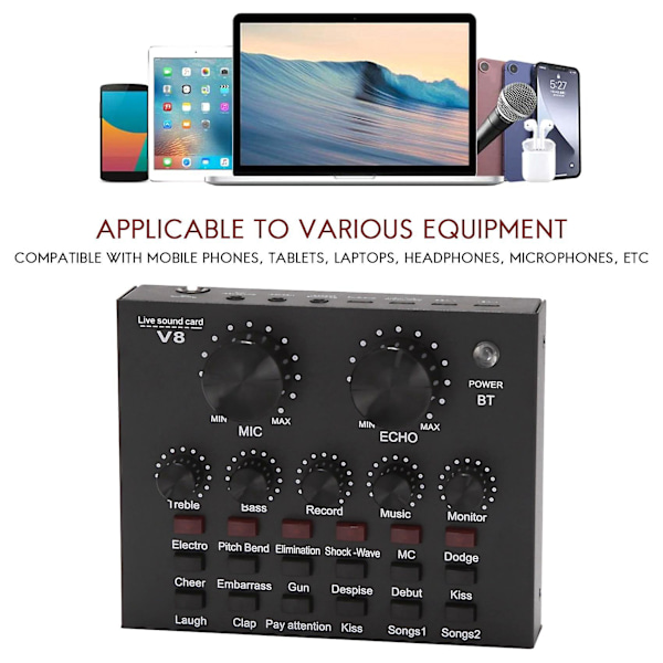 V8 Ljudkort Audio Set Interface Extern USB Live Mikrofon Ljudkort Bluetooth-funktion för Co