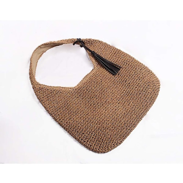 Håndvevd Myk Stor Halm Skulderveske med Svarte Kvaster Boho Halm Håndtak Tote Retro Sommer