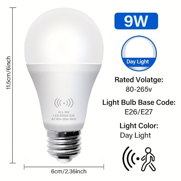 1st Rörelseaktiverad Ljuslampa, 9W/12W (Motsvarar 100W) Rörelsedetektor Automatisk Aktiverad Skymning Till Gryning Säkerhets LED-lampa, E26 6000K Dagsljus Utomhus/Inomhus