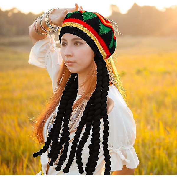 2-pack Rasta-set: Rastahatt med svarta dreadlocks-peruk och gula glasögon - Karibisk dräktkostym