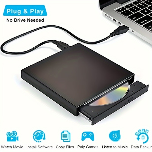 Kompakt USB 2.0 Ekstern CD/DVD-stasjon - Bærbar CD-RW & DVD-RW-brenner for bærbare og stasjonære datamaskiner