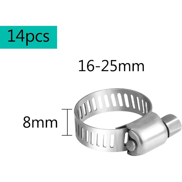 Fleksibel haveslangeklemme 14-pak (16-25 mm) justerbar rustfrit stål