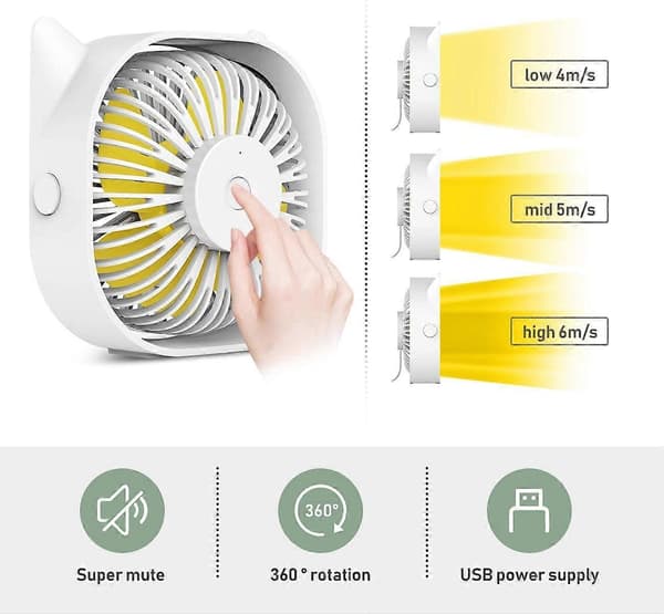 Vinterkampagne, USB-ventilator, Mini-ventilator 4 tommer med 3 hastigheder, lydsvag USB-bordventilator