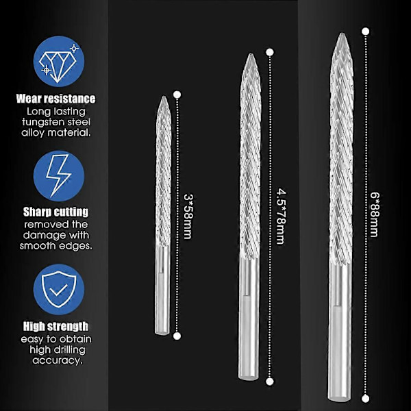 3-pack Däckbitar i flera storlekar - Däckreparation, Karbidfräs, Borrbit, Däcklappar, Pluggklippare, Trådkappare, Reamer, Borr