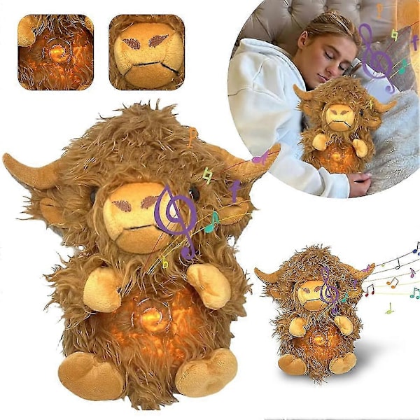 Nya Lugnande Highland Cow Dockor, Lugnande Sovko Plush Leksaker Med Musik Ljus & Rytmisk Andningsrörelse, Ångest Rel
