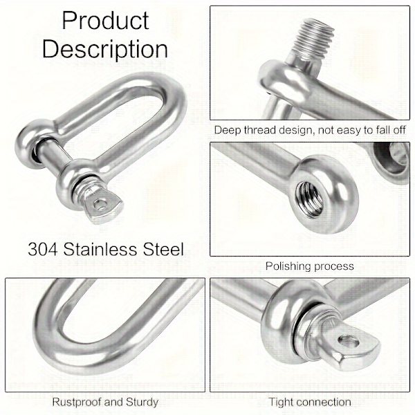 10 stk. Heavy-Duty M6 Rustfrit Stål D-Shackles - Ultra-Stærke D-Ring Låseklips til Byggearbejde, Køretøjsredning, Træk, Fastgørelse, Ophængning