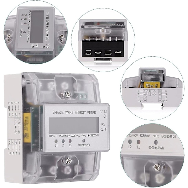 Trefasemeter Elektrisitetsmåler Kalibrert Energimåler Elektrisk Måler LCD Digital Trefase 4-Ledning 5-100A 4P KWh Elektrisitet Energiforbruk