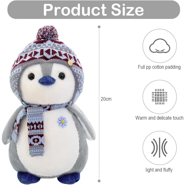 Plushdjur, pingvin, gosig, mjukisdjur, gosedjur att mysa och leka med, squishmallow, pingvin, plysch för barn (grå 20 cm)