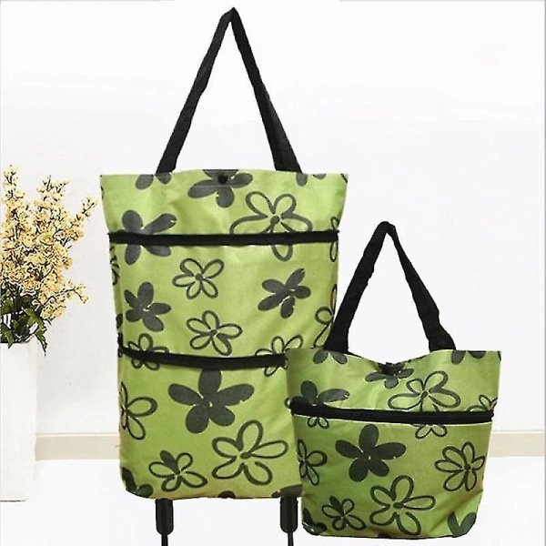 2-i-1 sammenleggbar handlekurv, sammenleggbar to-trinns glidelås handlepose med hjul Green Flower