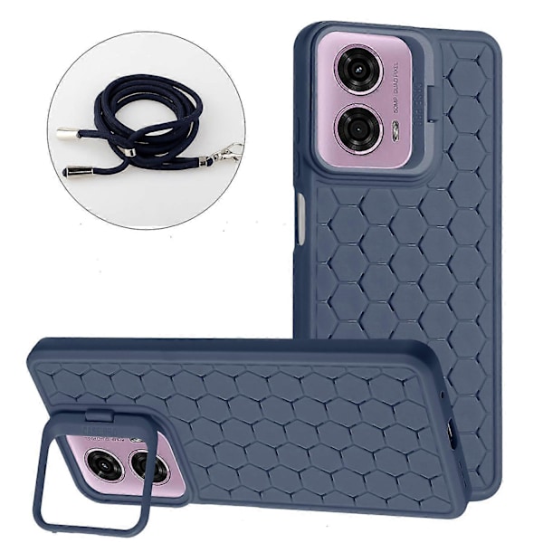 Til Motorola Moto E14 4G/ G04 4G/ G04s 4G/ G24 4G Case Varmeafledning Kickstand TPU Telefon Cover med Snøre Dark Blue