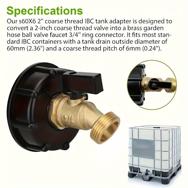1 st S60*6 IBC Tank Adapterkoppling - Hållbar, Korrosionsbeständig, Syra- och Alkalibeständig, Läckagesäker - Perfekt för Trädgårdsslangbevattning, Husvagn, Ca