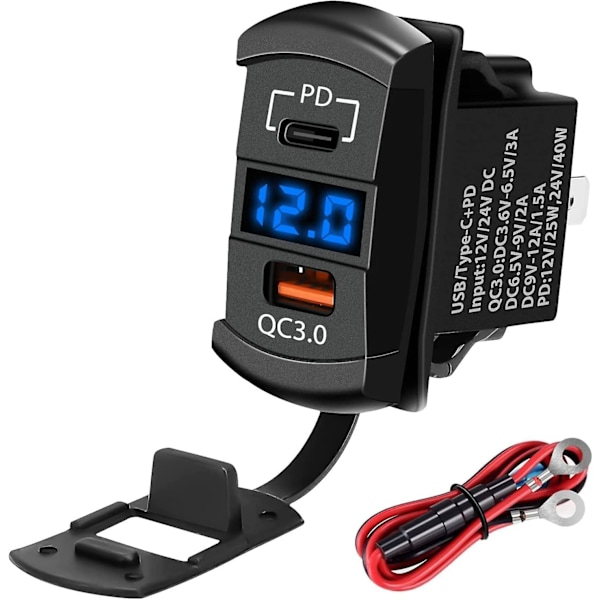 12V USB-uttak, vippebryter USB-lader USB-C bil lader og hurtig 3.0 adapter PD ladepanel motorsykkel USB-lader vanntett blå LED digital V