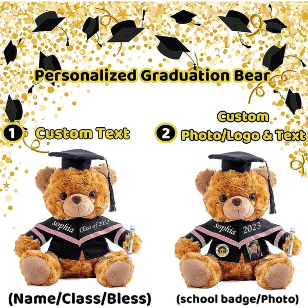 Examenbjörn Klass av personlig examenspresent med anpassad text + foto, nallebjörn gosedjur som examenspresent till hennes gymnasieskola A 2 INText