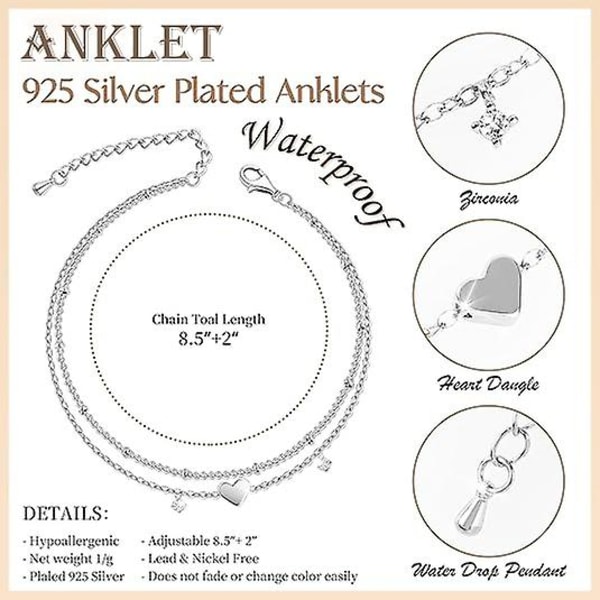 Ankelband i sterlingsilver, 925 silverpläterade berlocker, nätta lager-ankelband för kvinnor, trendiga (C)