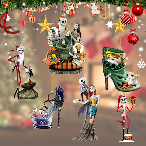 Jack Skellington Akryl Hengepynt Sett med 6, Kulepynt til Halloween og Jul, Mareritt Før Jul Tema (FMY)