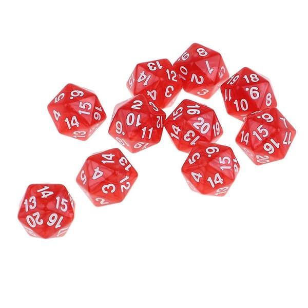 Sæt med 10 røde tyve-sidede terninger D20 til D&D og RPG selskabsspil