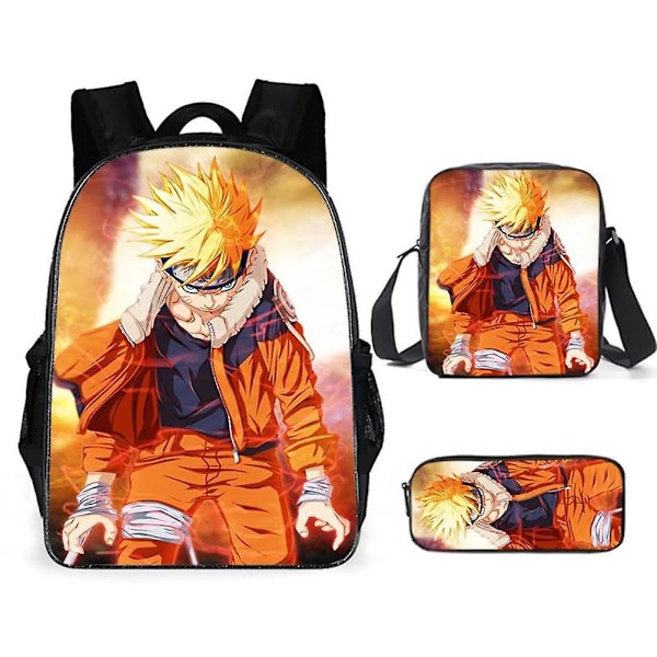 3-delt Naruto Anime Barneseks ryggsekksett Tegneserie Ryggsekk med Messenger Bag Blyantveske For Skole Utendørs Reise Camping Piknik