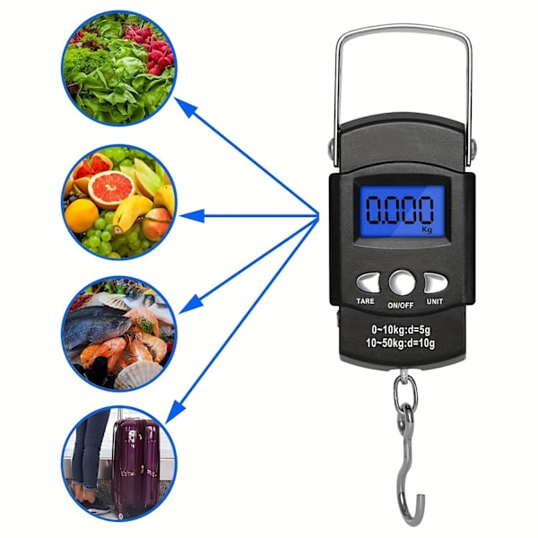 Portabel Digital Bagagevåg med Bakgrundsbelyst LCD-Skärm - 110lb/50kg Kapacitet, Perfekt för Resor & Fiske, Inkluderar Mätband