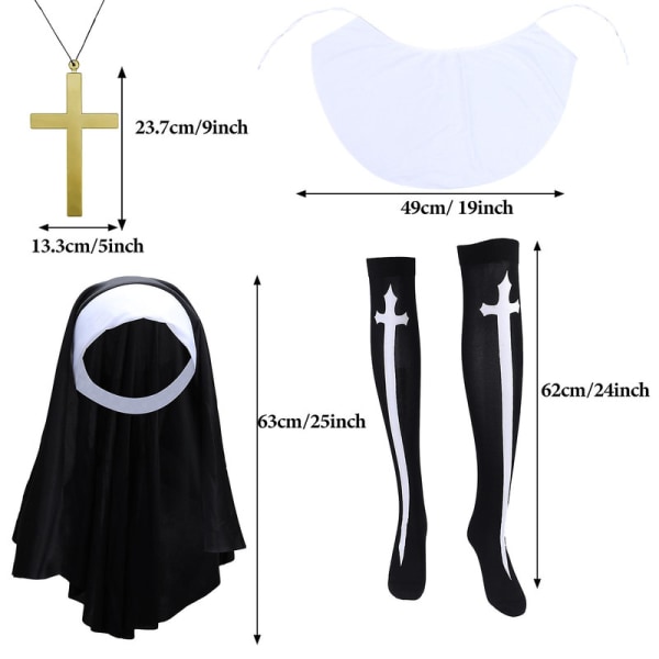 4st nunnakit för kvinnor med huvudstycke och kragekors och strumpa Black 4 pc