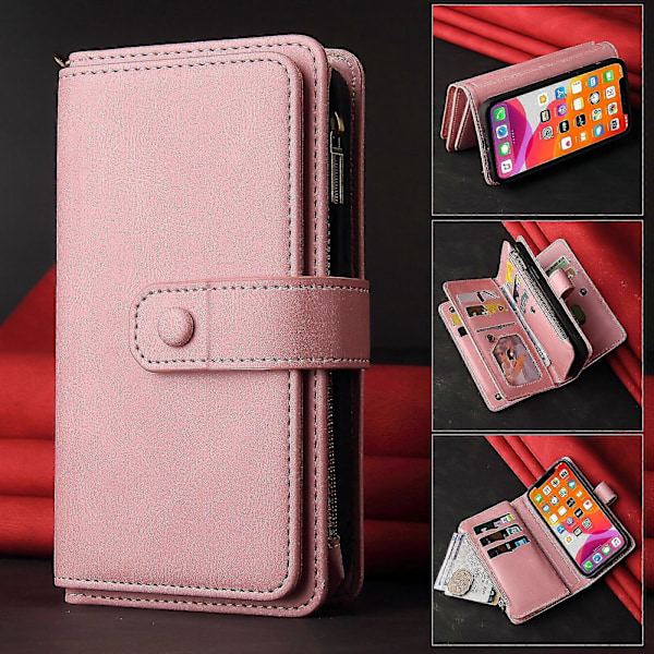WXH Kompatibel med Samsung Galaxy A52 5G/A52S PU-läder Magnetiskt Stängning Femton Kortplatser Dragkedja Ficktelefonfodral Pink
