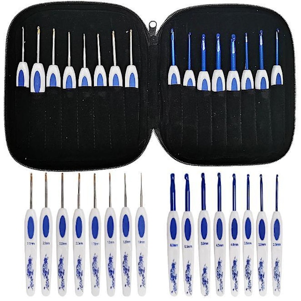 N034 - Set med 16 st. ergonomiska virknålar med snyggt fodral multifärg one size