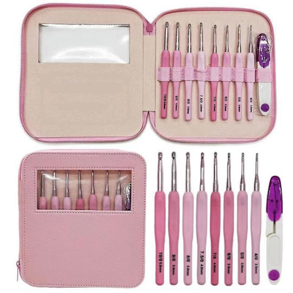 N030 - Set med 8 st. ergonomiska virknålar i snyggt rosa fodral multifärg one size