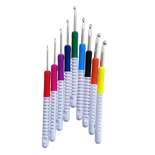 N129 - Set med 9 st. ergonomiska virknålar med snyggt skaft multifärg one size